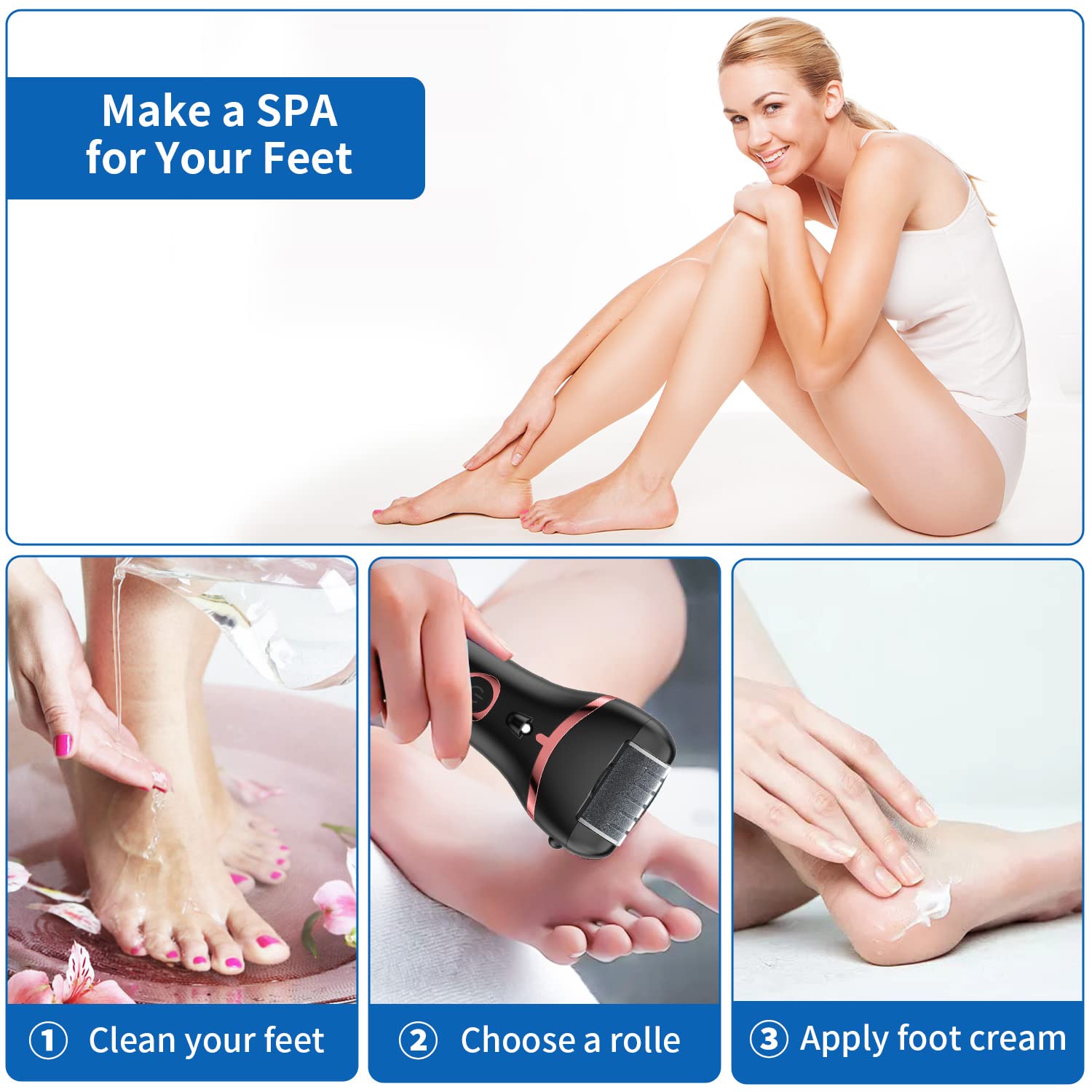 HANNEA Electric Callus Remover, Foot scrubber for dead skin Removal, Professional Pedicure Kits with 3 Rollers Switchable, Improve Rough Heel, IP Waterproof Pedicure Machine Foot Care HANNEA Electric Callus Remover, Foot scrubber for dead skin Removal, Professional Pedicure Kits with 3 Rollers Switchable, Improve Rough Heel, IP Waterproof Pedicure Machine Foot Care